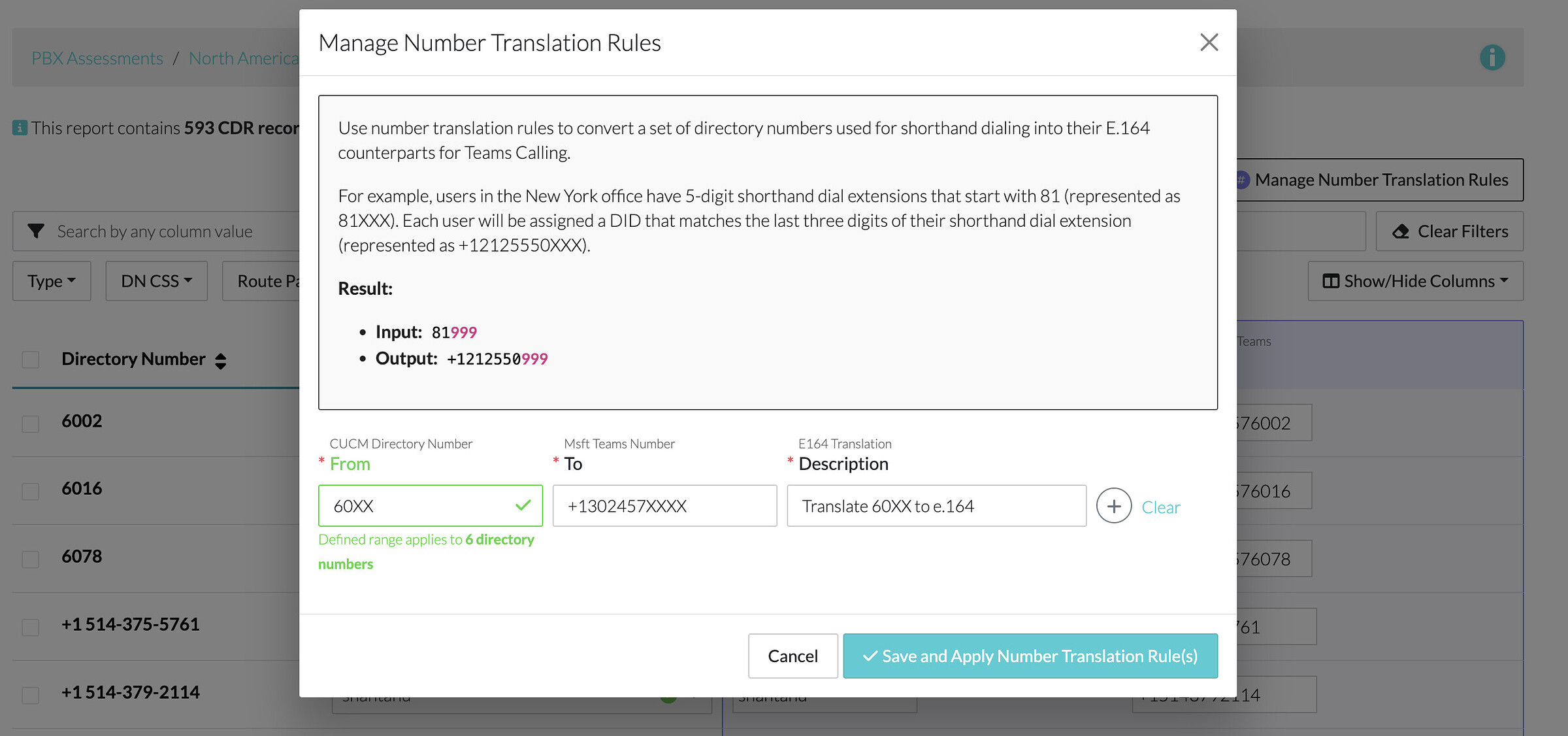 User defines rules for Mapping a CUCM Directory Number to e.164 for Microsoft Teams