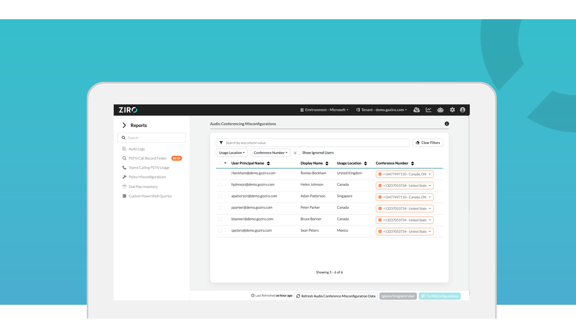 Screenshot of the Audio Conferencing Misconfiguration Report